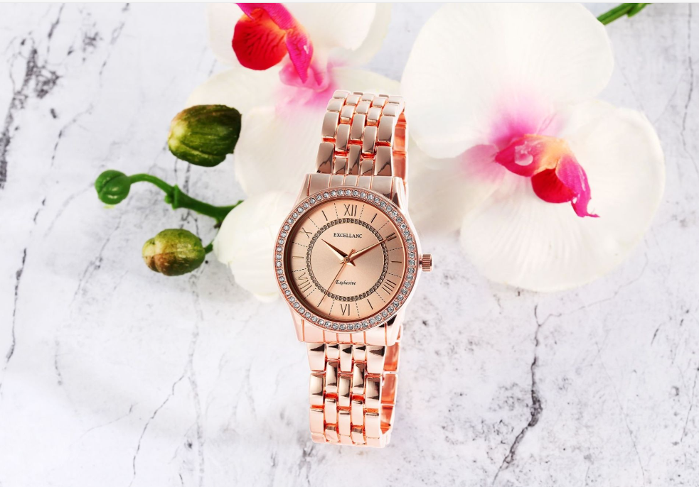 Excellanc Damen Geschenkset Armbanduhr Halskette und Ohrringe Rosé Rosa Farben3
