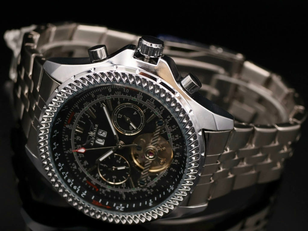 JARAGAR Herren Armband Uhr Silber Automatikuhr mit Datumsanzeige & offener Unruh1