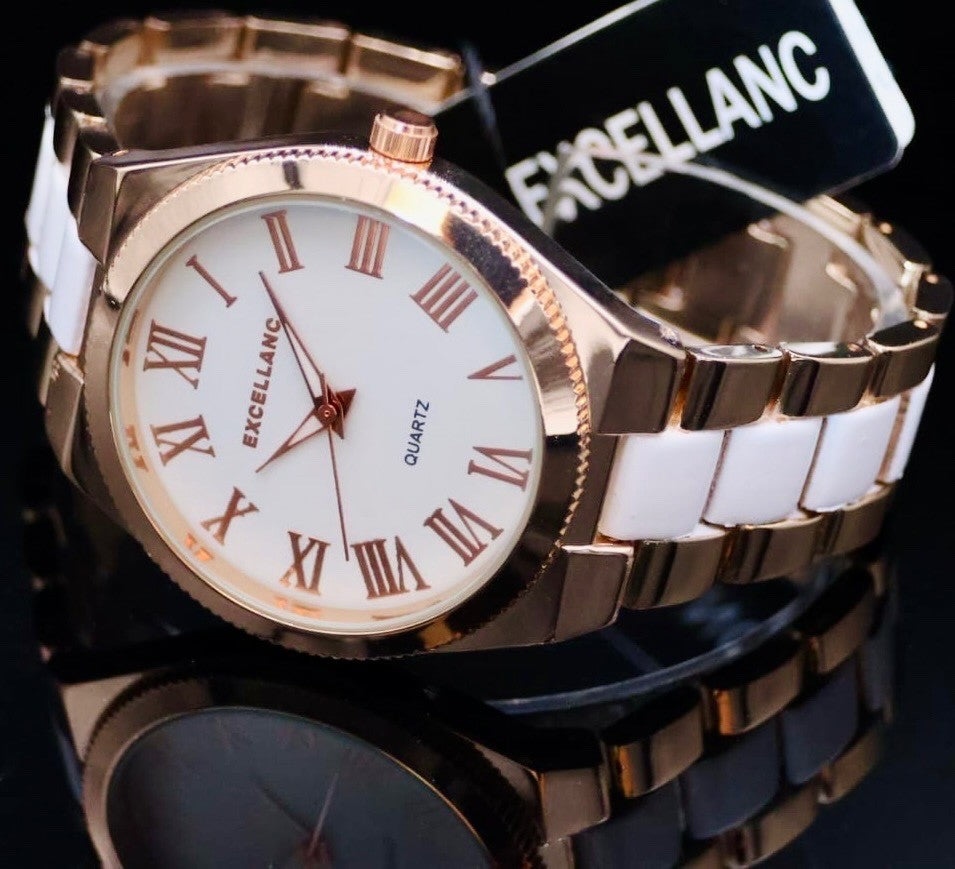 Excellanc Uhr Damenuhr Armbanduhr Weiß Rosegold Farben Analog1