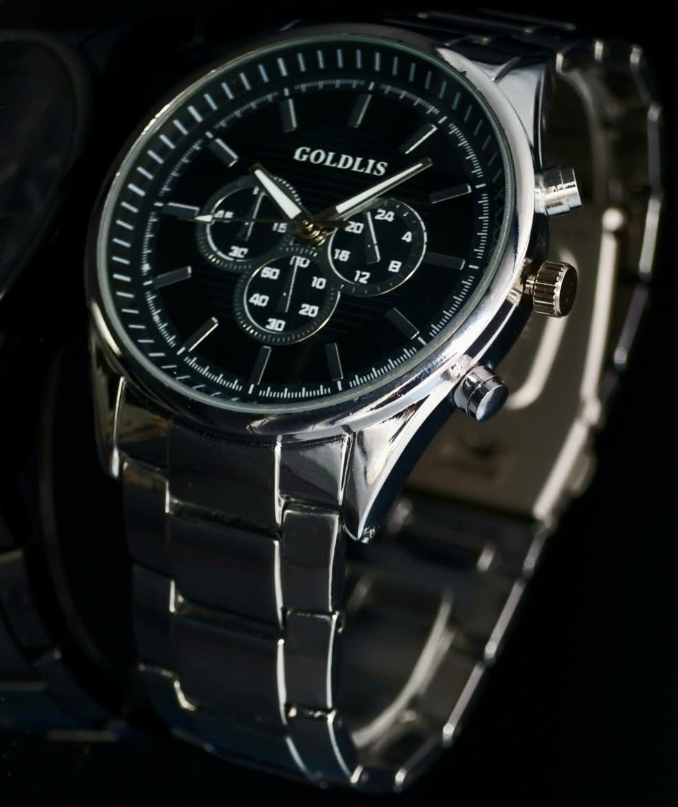 Edle Herren Armband Männer Uhr Schwarz Silber Farben Chrono Look * NEU1