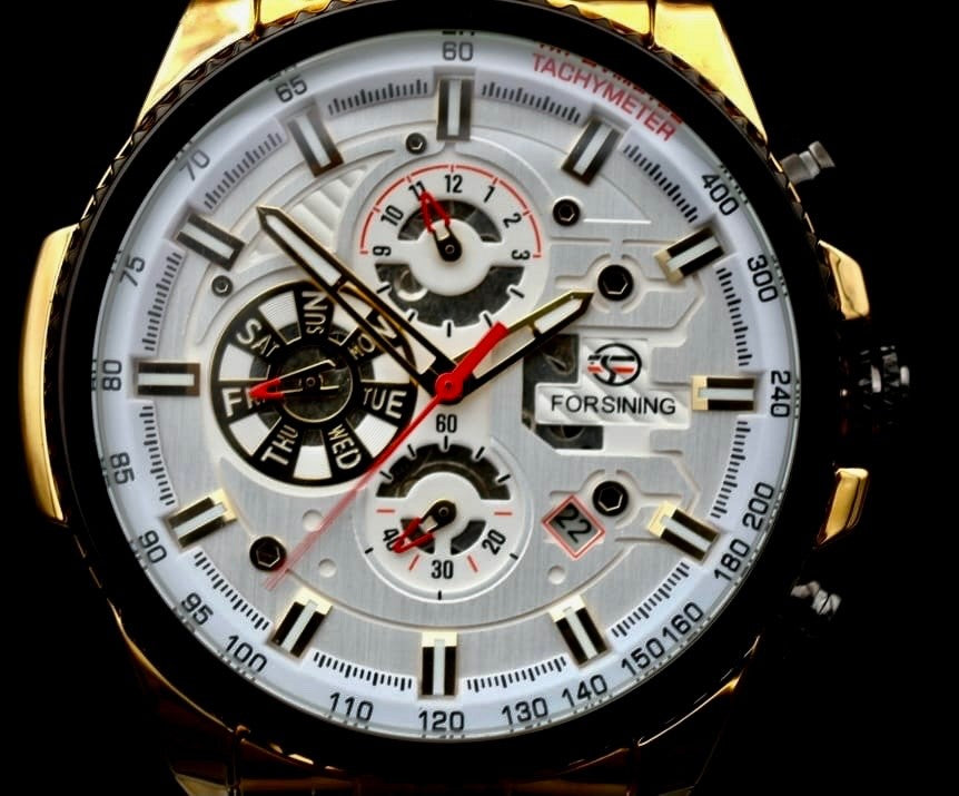 Exklusive Herren Männer Automatik Uhr Weiß Gold Farben Chronographenfunktion NEU1