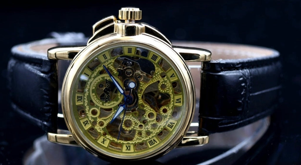 Winner Herren Automatikuhr Mechanisch Skelett Uhr Gold Schwarz Farben Leder2