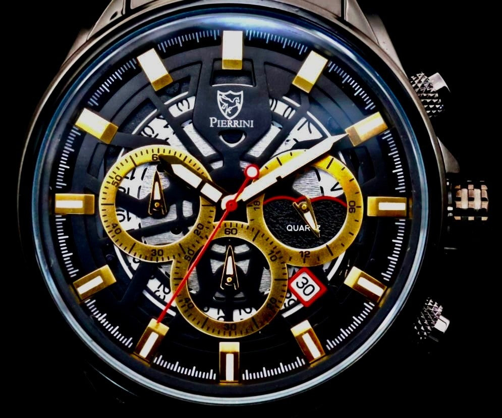 Pierrini Herren Armband Uhr Chronograph Stoppuhr Datum Gold Keramik Farben NEU2