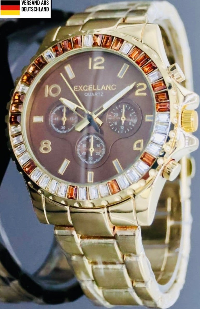 Excellanc Damen Frauen Armband Uhr Braun Gold Farben Damenuhr Chrono-Look Strass0
