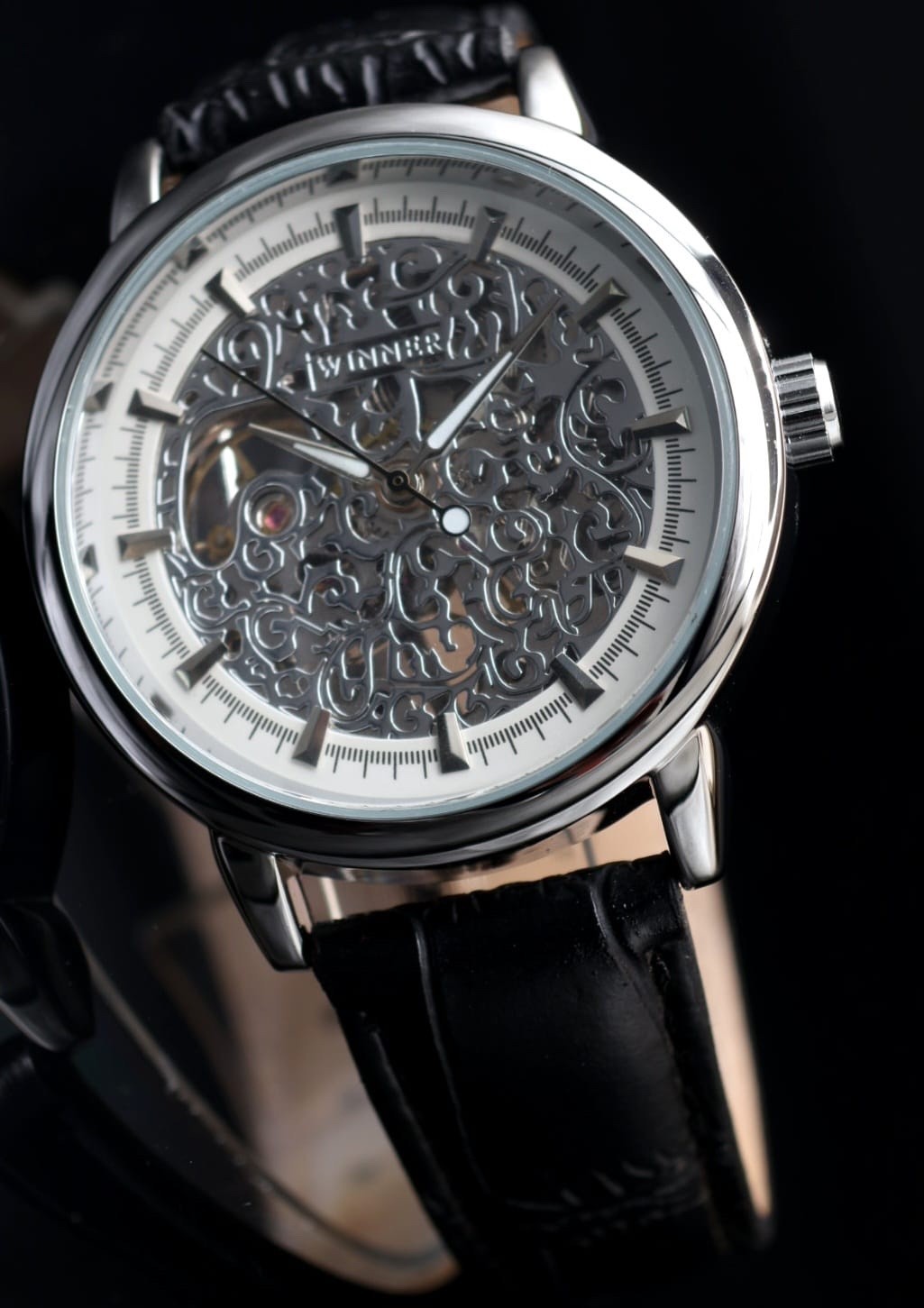 Winner Herren Automatikuhr Silber Schwarz Mechanisch Leder Uhr Luxus Design Neu0