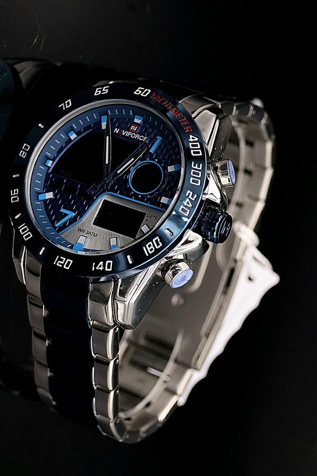 Sportliche Digital & Analog Herren Männer Uhr Armbanduhr Blau Silber Farben NEU1