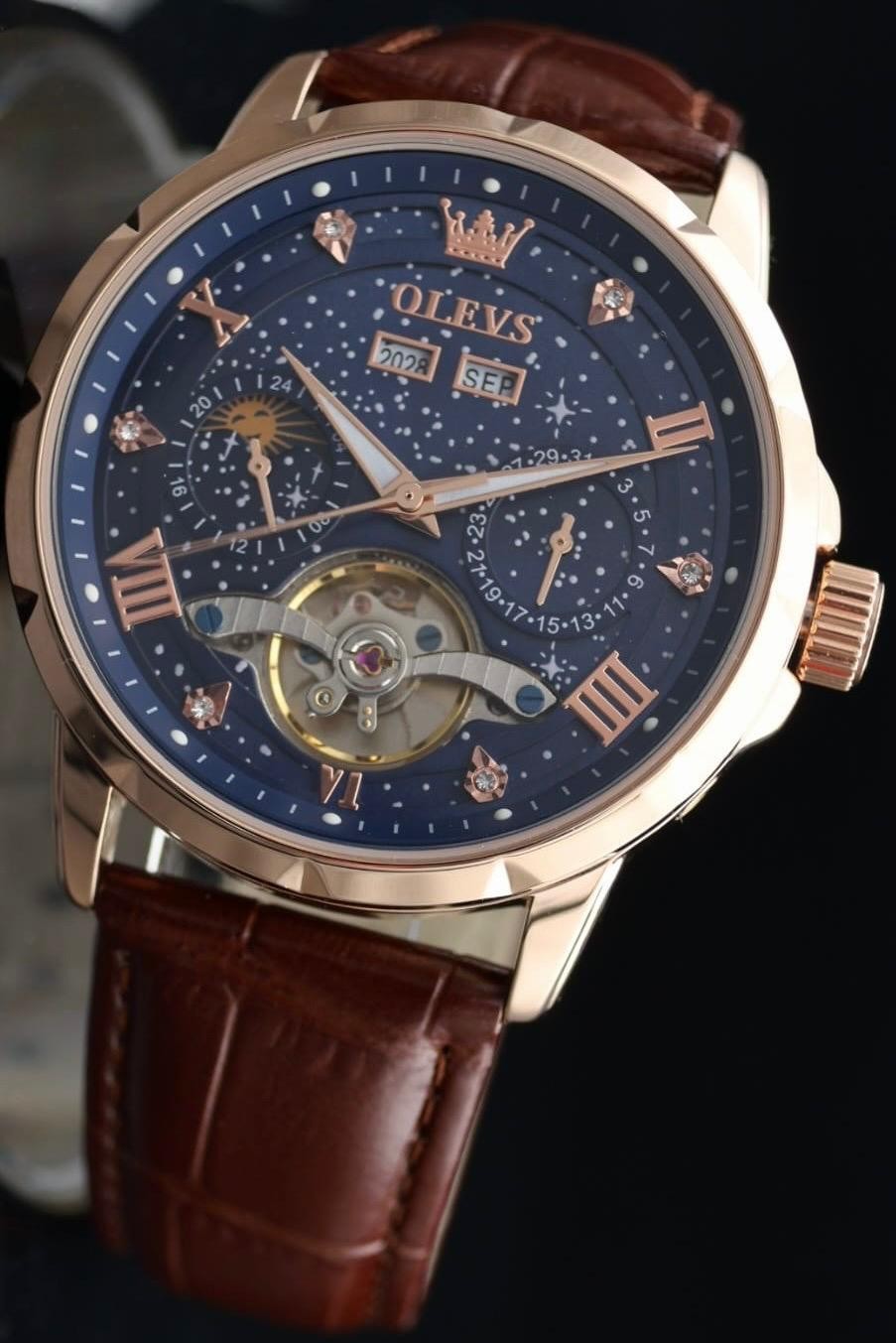 OLEVS Automatik Herren Männer Uhr Blau Rosé Farben Vollkalender mit Lederarmband0