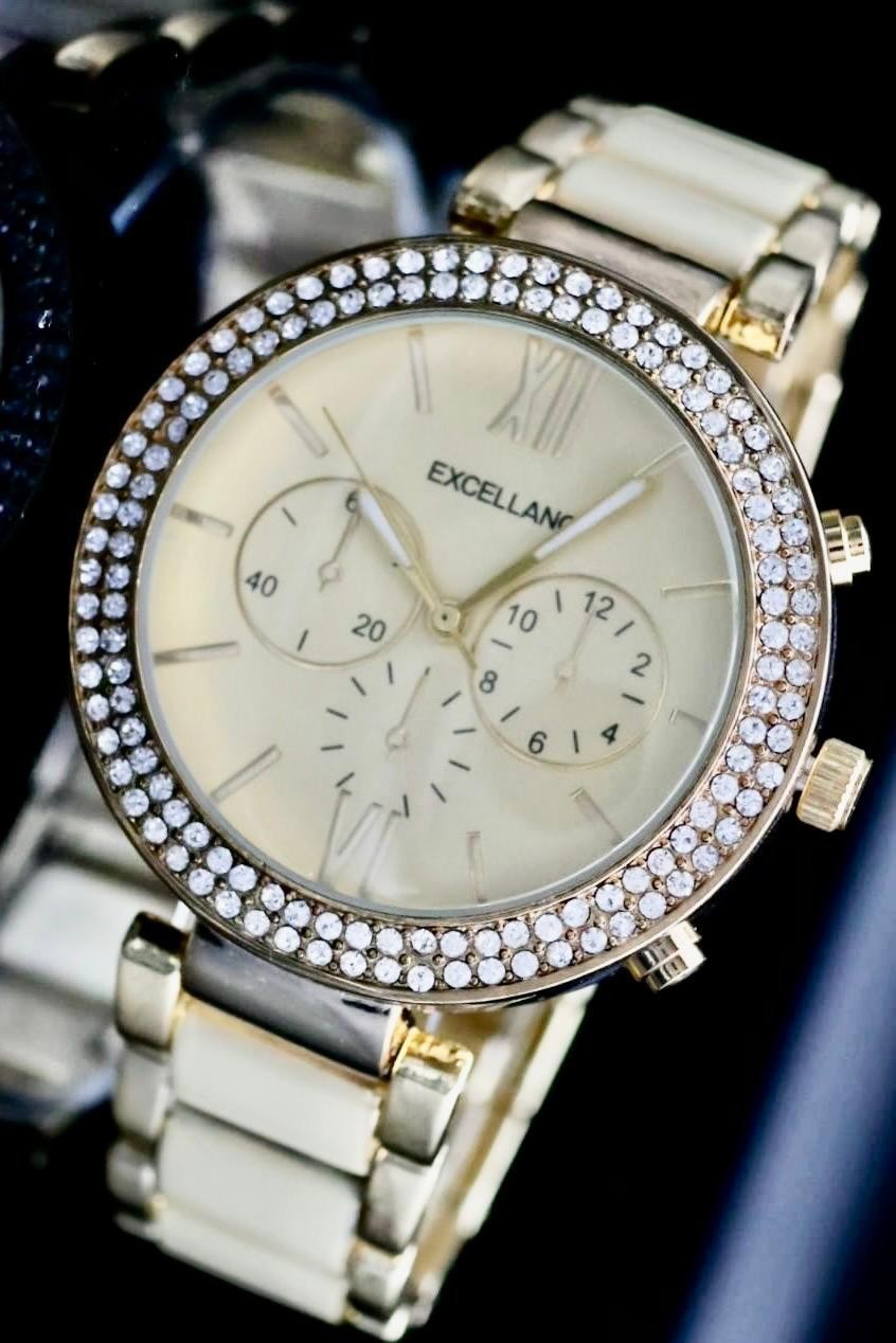 Excellanc Damen Armband Uhr Weiß Gold Farben Damenuhr Metallband Chrono-Look Neu1