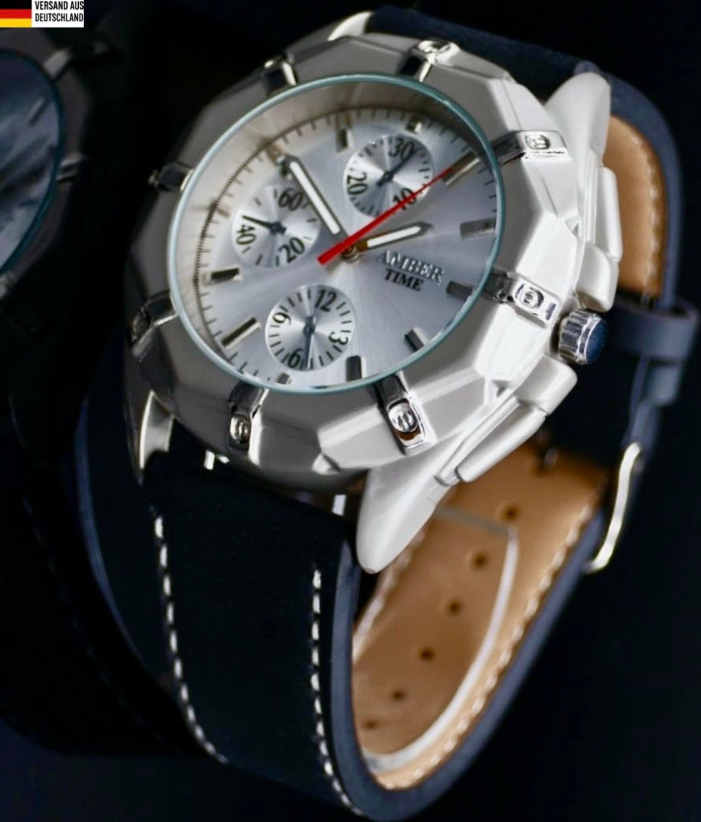 Mega Edle Herren Armband Männer Uhr Schwarz Silber Farben im Chrono-Look0