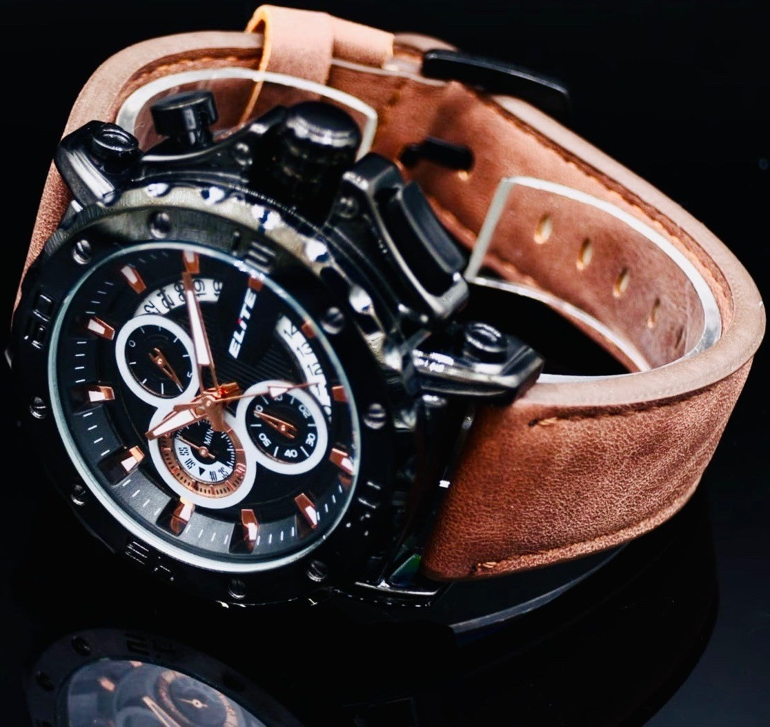 Elite Herren Armband Uhr Chronograph Datum Braun Schwarz Farben Flieger-Design1