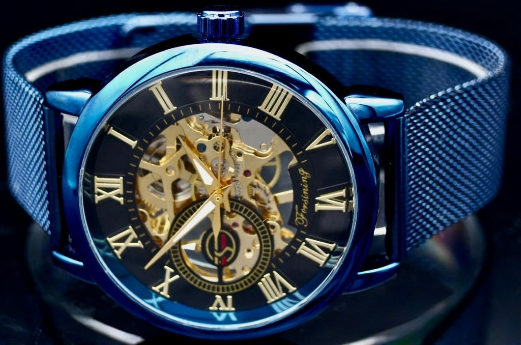 Edle Herren Männer Automatik Uhr Blau Farben mit Mesh Armband + Leuchtzeiger NEU1