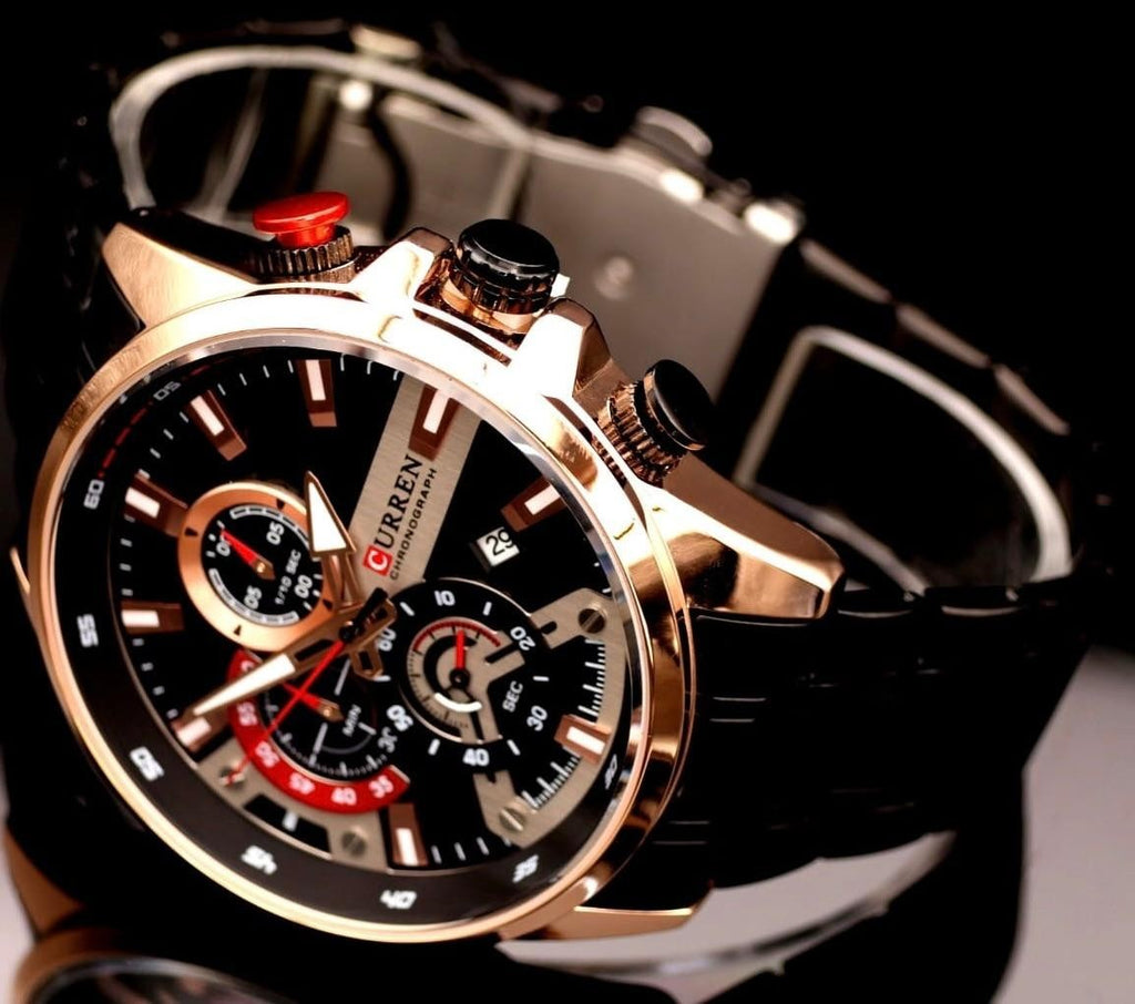 Herren Armband Uhr Edelstahl Chronograph Stoppuhr Datum Schwarz Rosé Farben NEU1