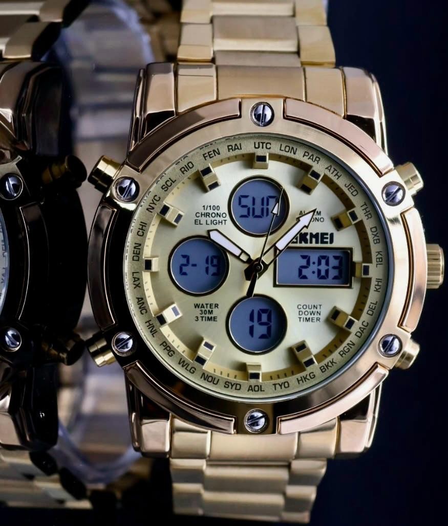 Digital & Analog Herren Männer Uhr Armbanduhr Sport Design Gold Farben 48mm NEU1