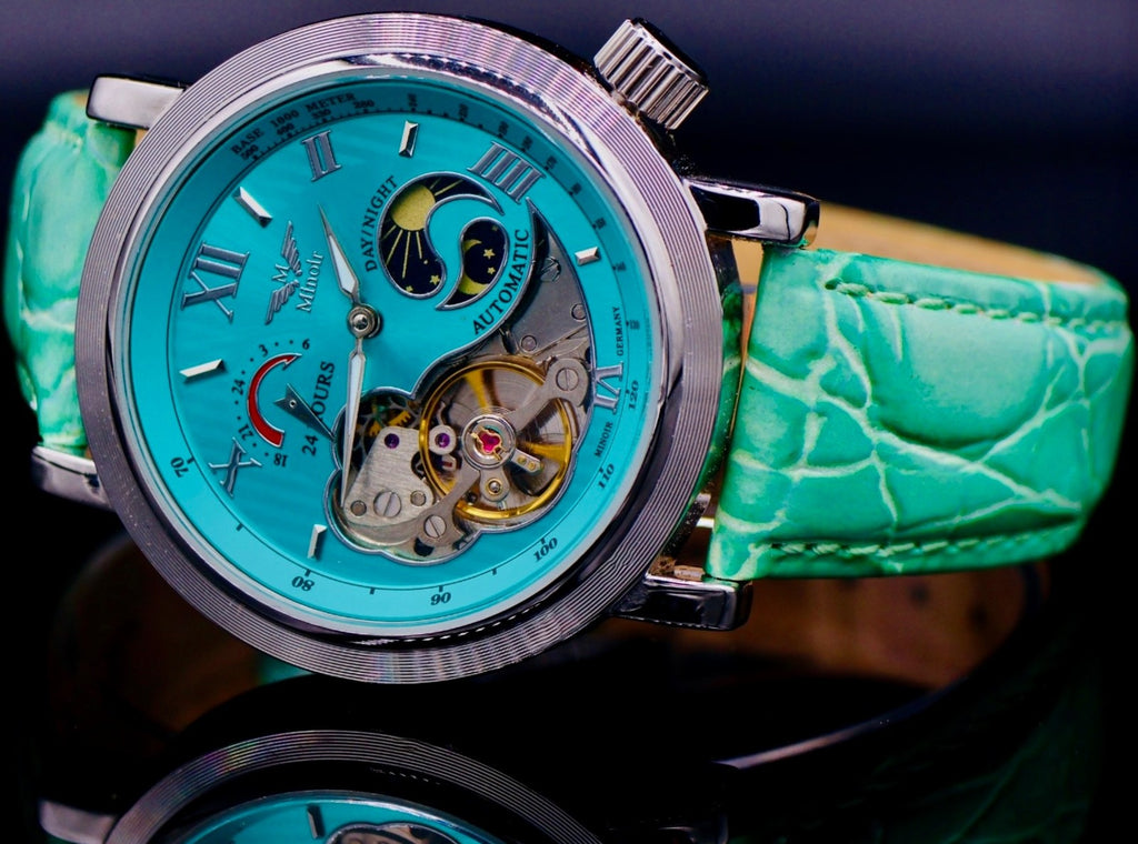 Herren Männer Uhr Automatik Armbanduhr Türkis Farben Minoir Herrenuhr  Lederband0