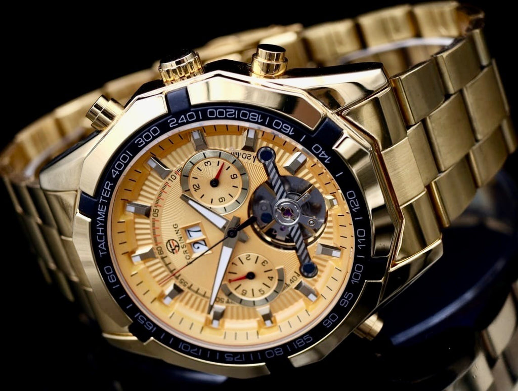 Sportliche Herren Männer Automatik Uhr Gold Farben Kalender & Offene Unruh NEU1