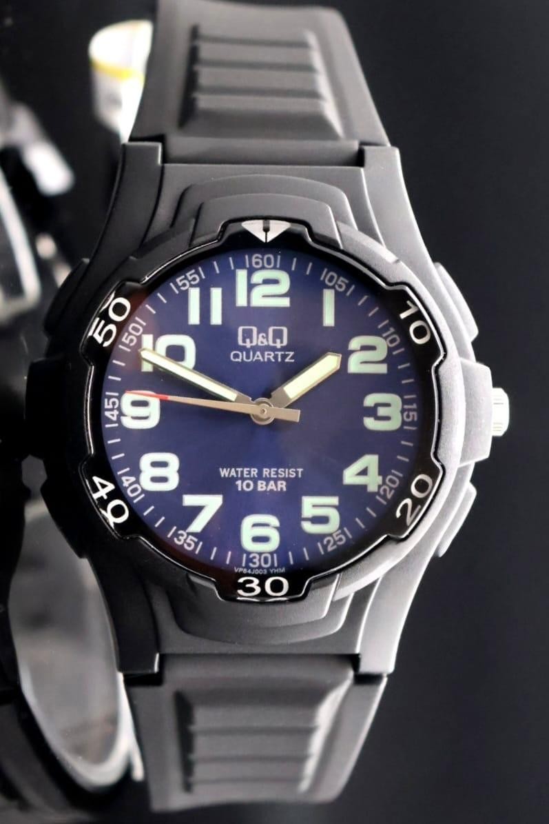 Q&Q by Citizen Herren Armband Uhr Silikonband Sport Schwarz Blau 40mm Neu0