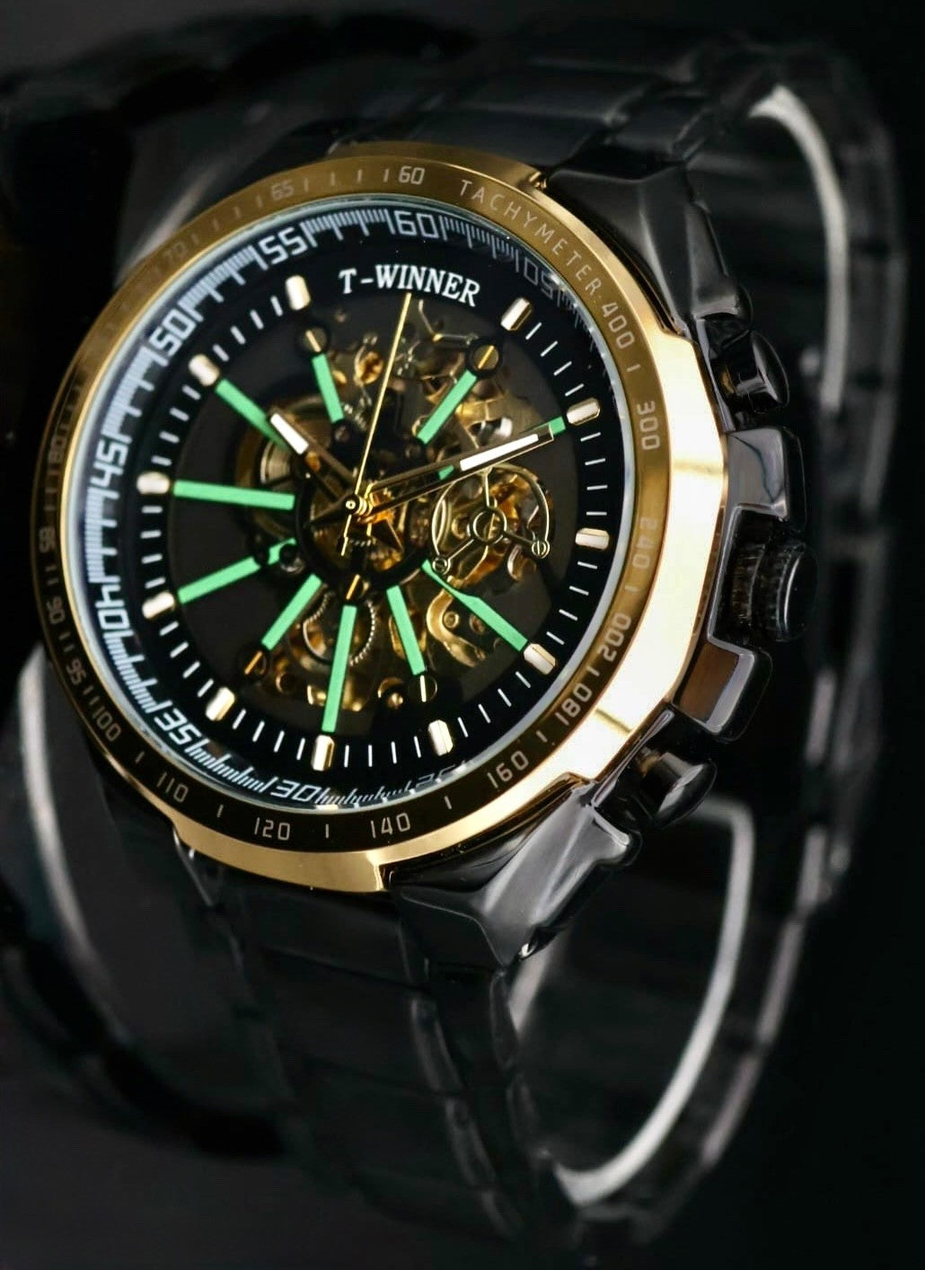 Mega Winner Skelettuhr Automatik Armband Uhr Gold Schwarz Farben + Leuchtzeiger1