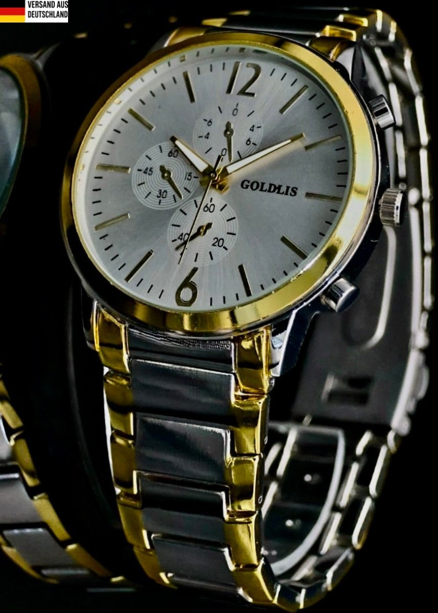 Herren Armband Männer Uhr  Silber Gold Farben Chrono-Look Bicolor **0
