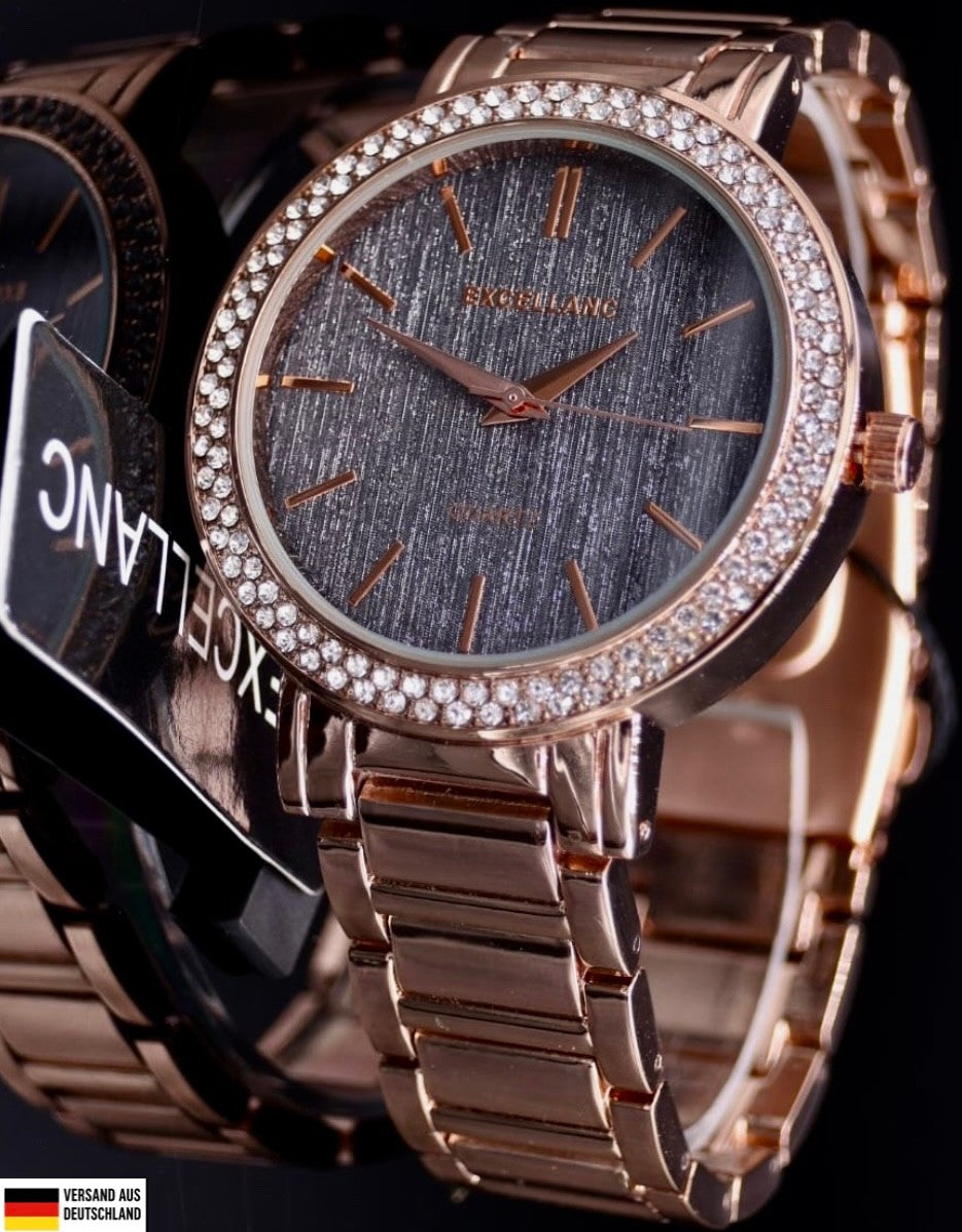 Mega Edle Excellanc Damen Frauen Armband Uhr Roségold Farben Damenuhr Strass0