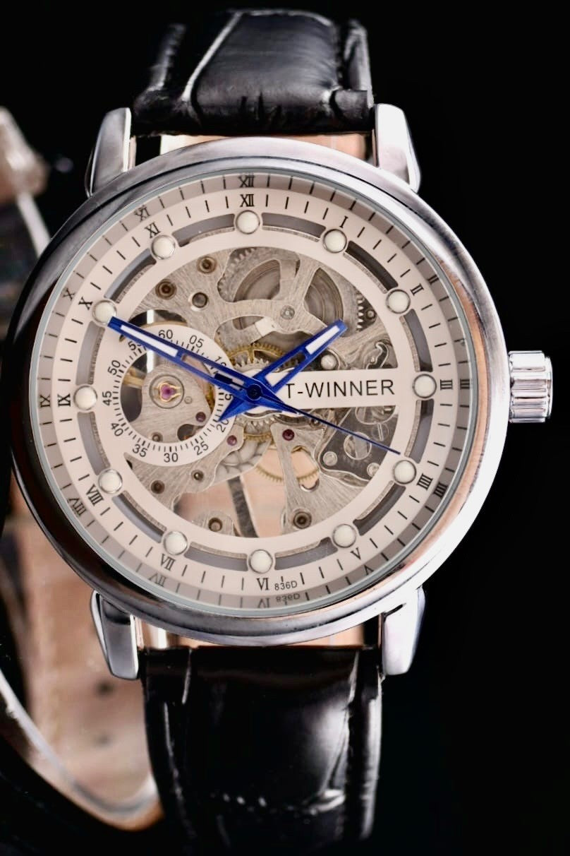 T-Winner Herren Automatikuhr Mechanisch Skelett Uhr Weiß Schwarz Farben 44mm0