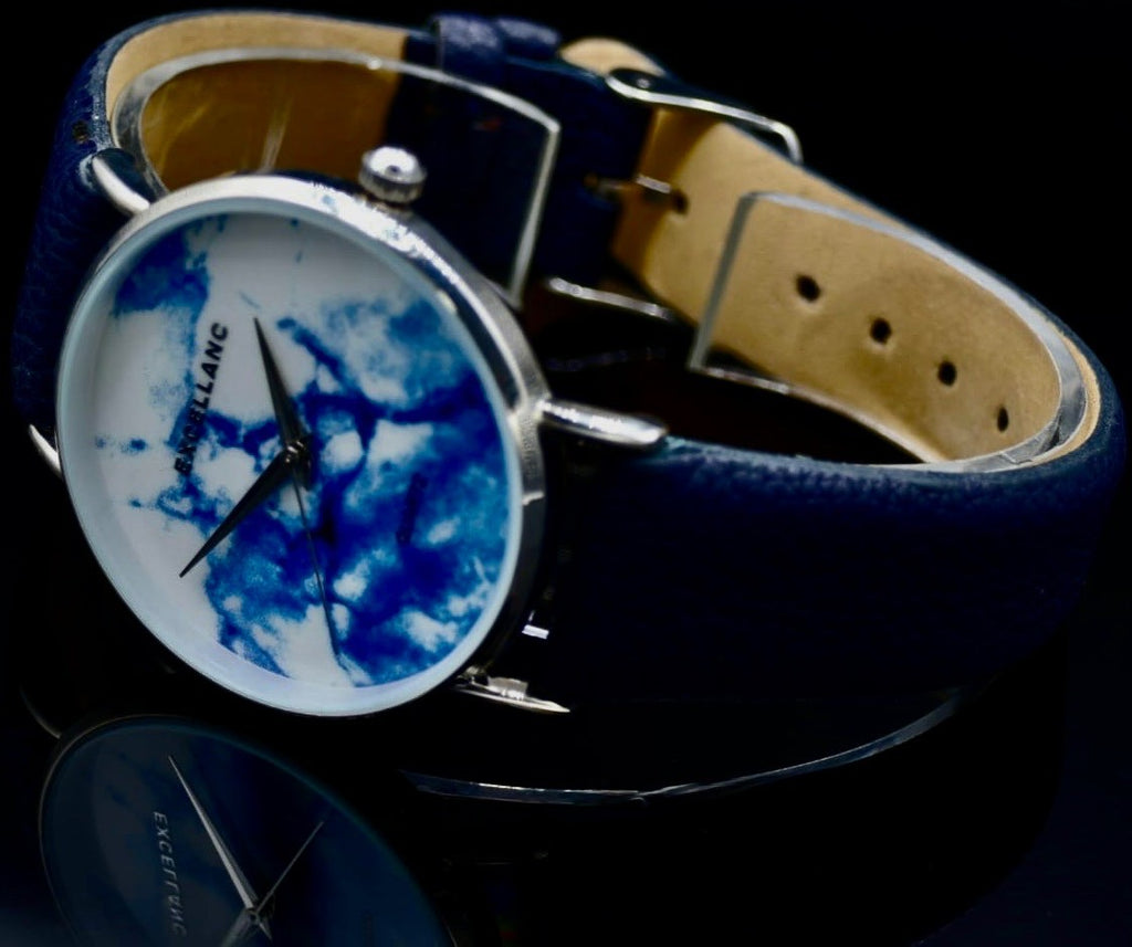 Top Excellanc Damen Frauen Armband Uhr  Weiß Blau Farben Damenuhr Marmor Optik1