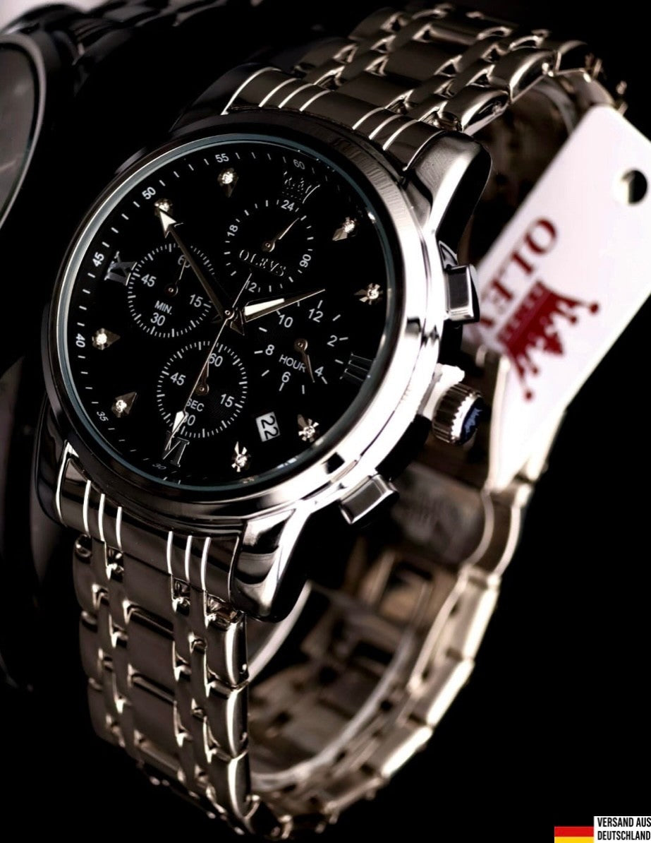 Edle Herren Männer Armband Uhr Chronograph Stoppuhr Datum Schwarz Silber Farben¨0