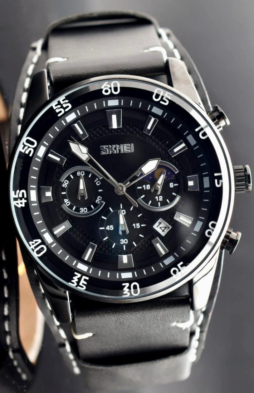 SKM - HERRENUHR - CHRONOGRAPH - DATUM - TAG & NACHT ANZEIGE - LEDER - 46MM - NEU1