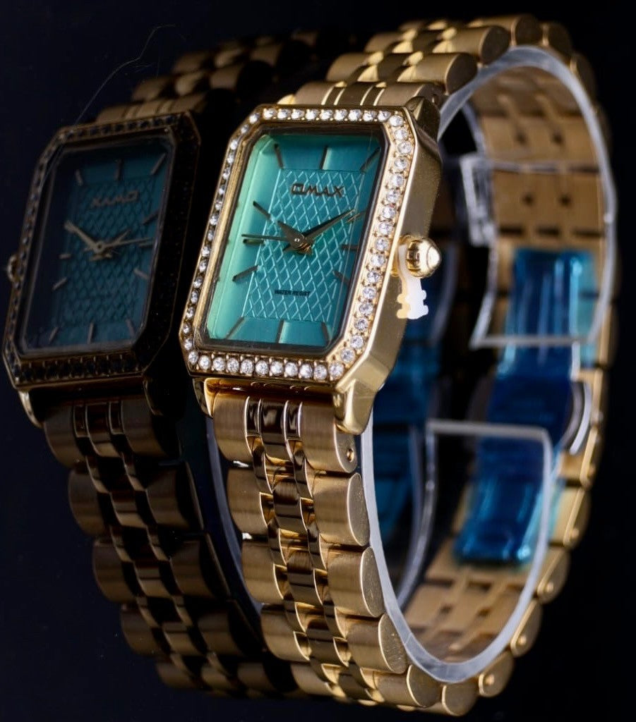 Mega Edle Omax Damen Armband Uhr  Gold Farben Damenuhr Strass IP Veredelt * 770