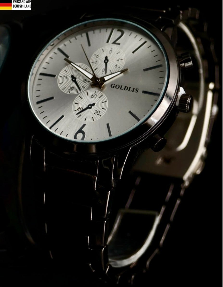 Herren Armband Männer Uhr Schwarz Silber Farben Chrono Look NEU0