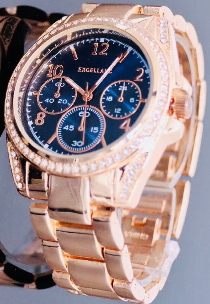 Excellanc  Damen Armband Uhr Roségold Blau Farben Strass Damenuhr Chrono Look1