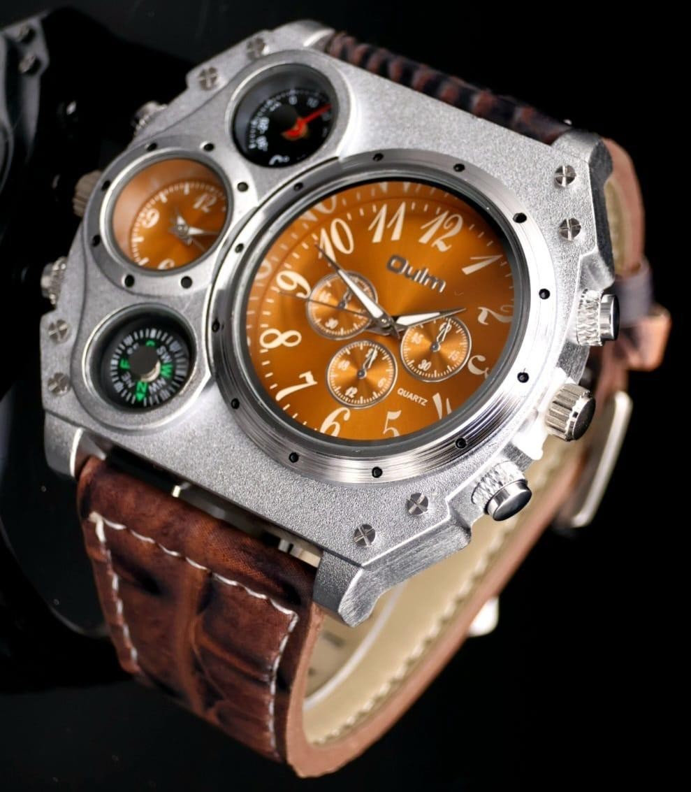 Herren Männer Dual Timer Uhr Herrenuhr Orange Braun Farben Kompass & Thermometer0