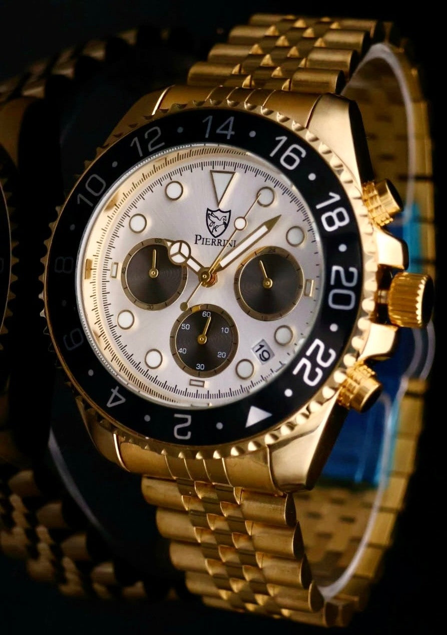 Pierrini Herren Armband Uhr Chronograph Stoppuhr Datum Siler Gold Farben Neu **0
