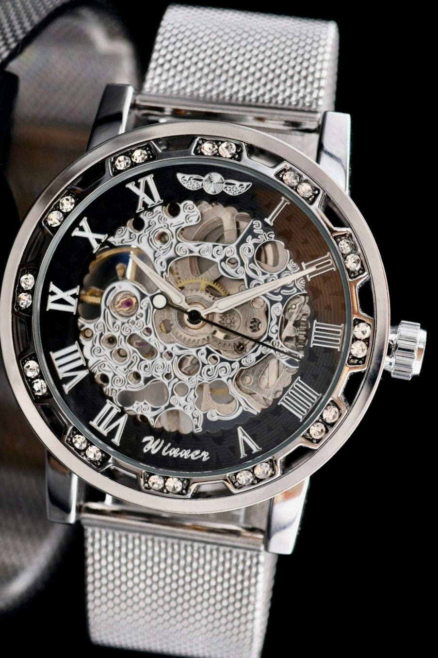 Winner Herren Automatikuhr Silber Schwarz Mechanisch Skelett Uhr Luxus Design1