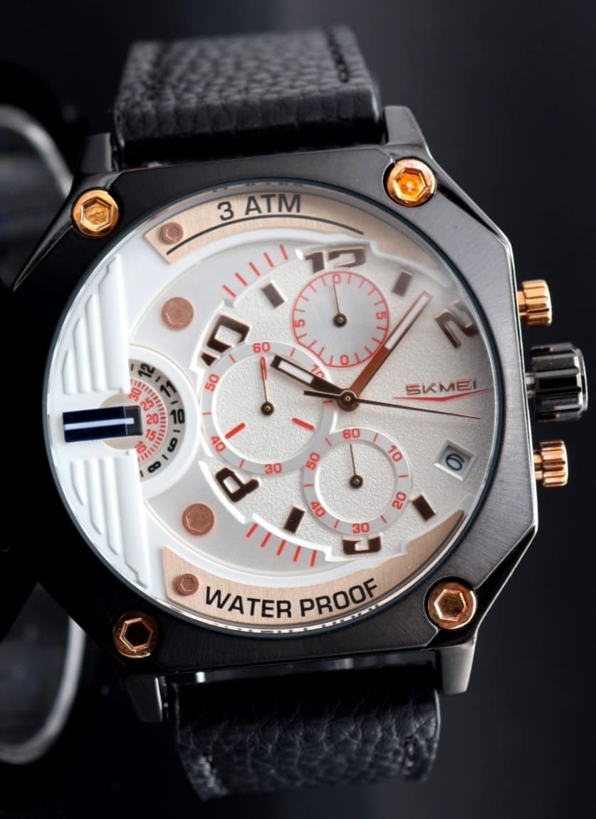 HERRENUHR - SKM - CHRONOGRAPH - STOPPUHR - DATUM - LEDER - SPORT - 48X48MM - NEU2