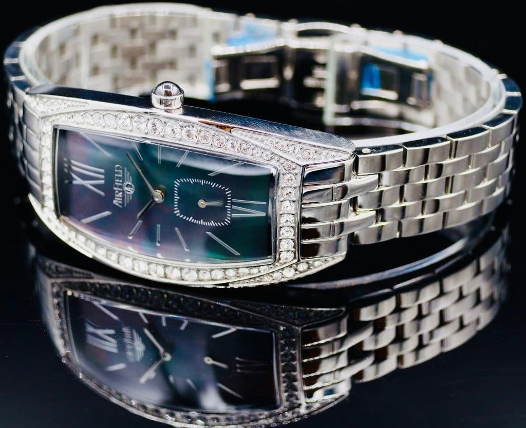 Edle Airfield Damen Armband Uhr Edelstahl dezentrale Sekundenanzeige Strass1