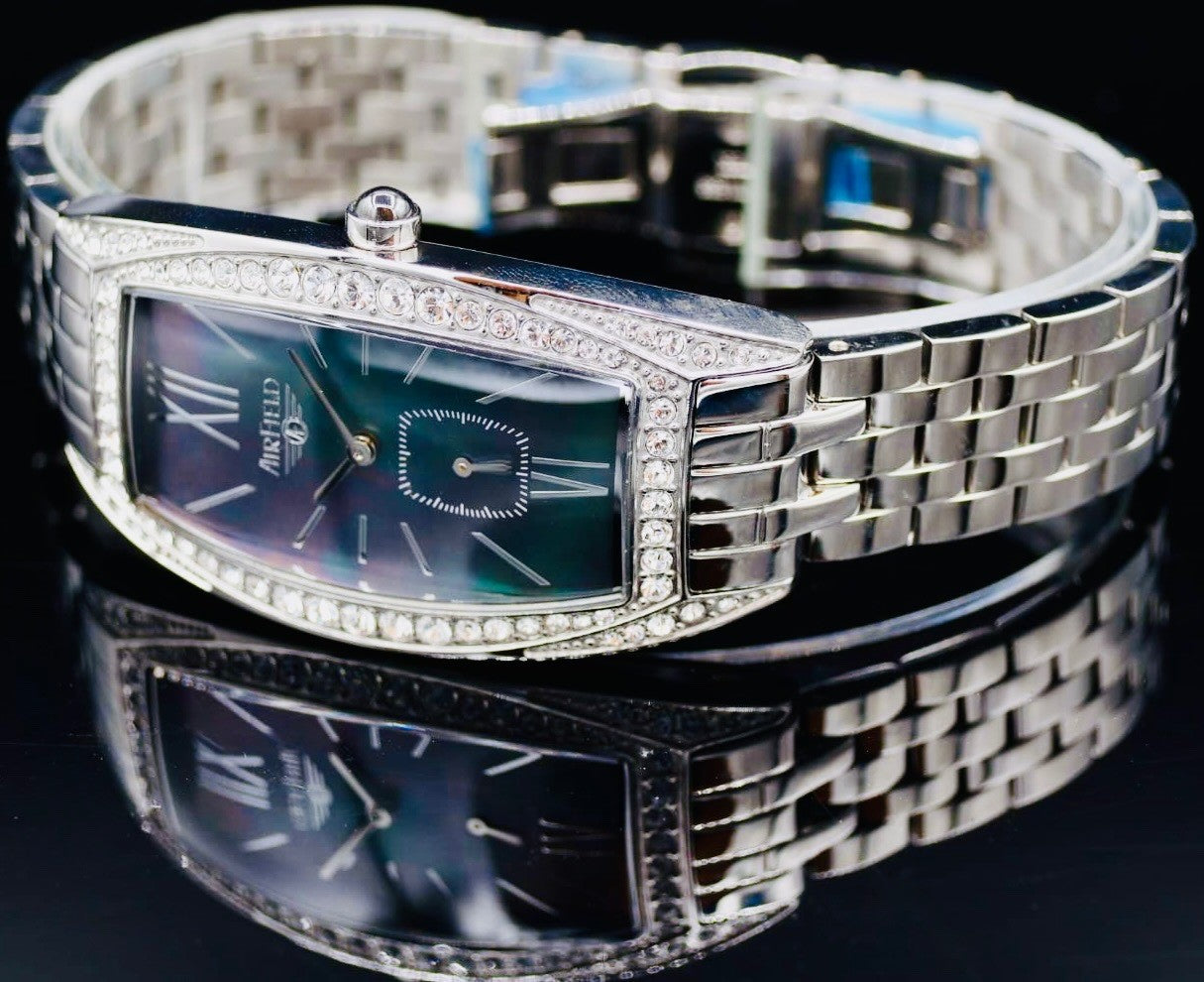 Edle Airfield Damen Armband Uhr Edelstahl dezentrale Sekundenanzeige Strass1