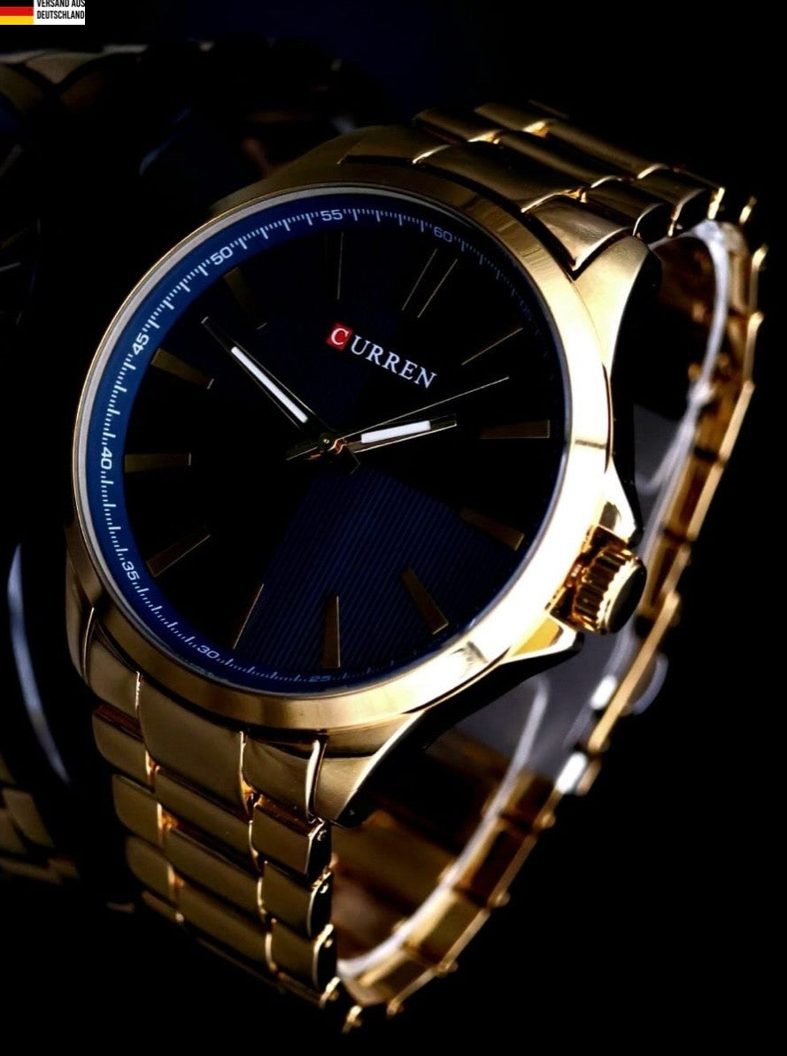 Klassische Herren Männer Armband Uhr Herrenuhr Blau Gold Farben mit Leuchtzeiger0