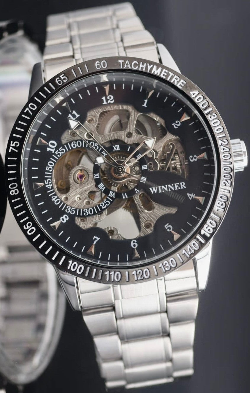 WINNER - AUTOMATIK - UHR - HERREN - SKELETTUHR - EDELSTAHL - 44MM - SILBER0