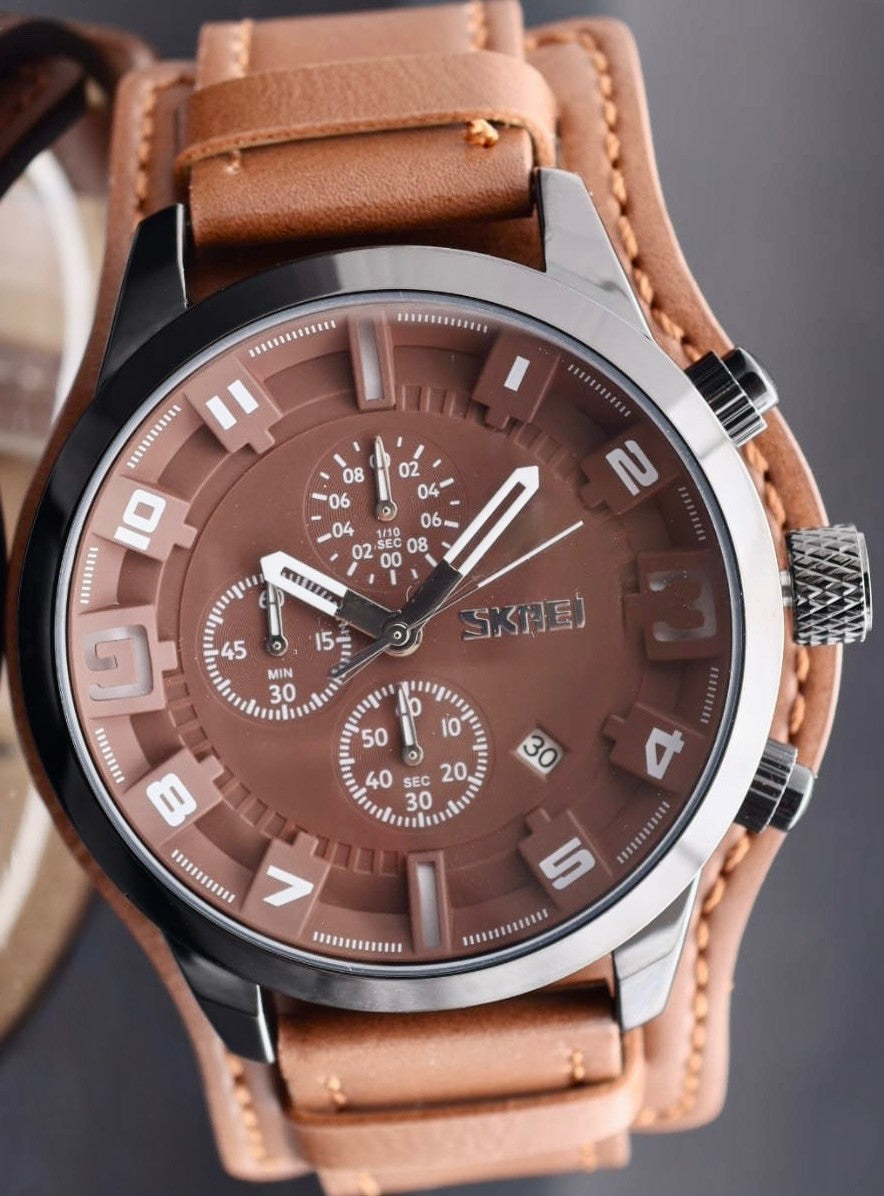 SKM - CHRONOGRAPH - HERRENUHR - STOPPFUNKTION - DATUM - LEDERBAND - BRAUN - 48MM0