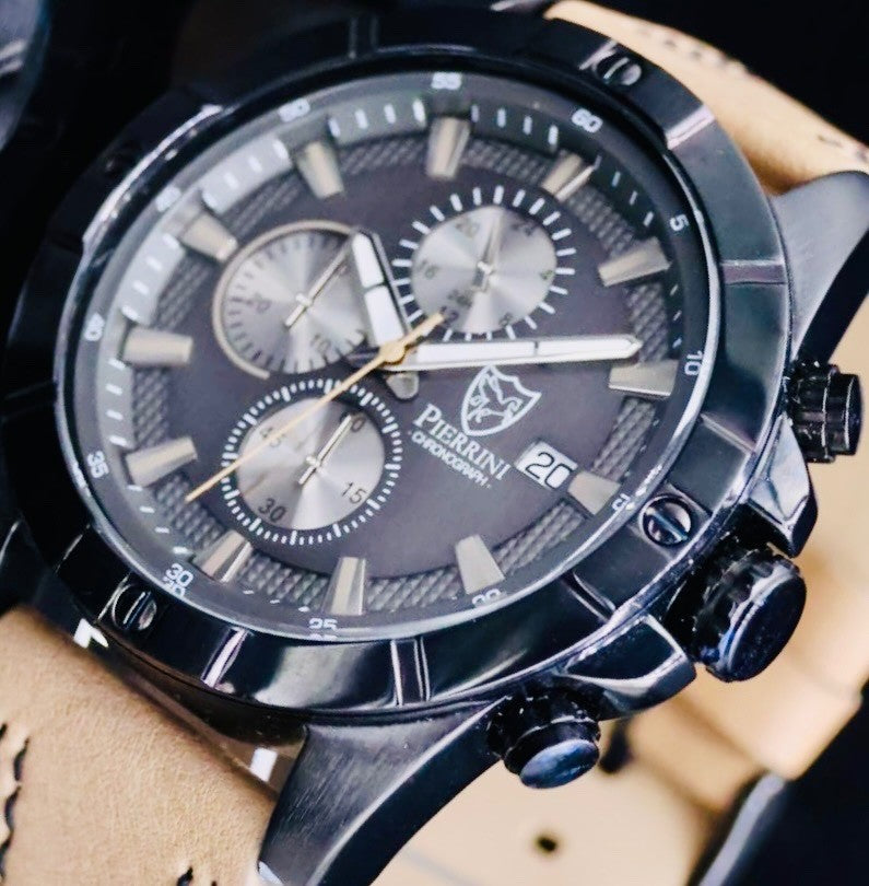 Pierrini Herren Armband Uhr Schwarz Chronograph Stoppuhr 24 Stundenanzeige Datum1