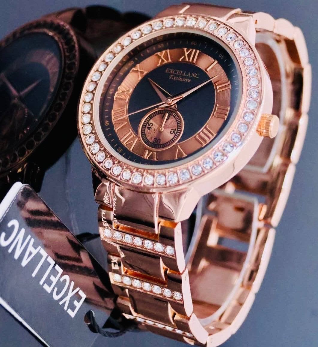 Excellanc Exclusive  Damen  Armband Uhr Schwarz Rosé Farben Damenuhr Strass1