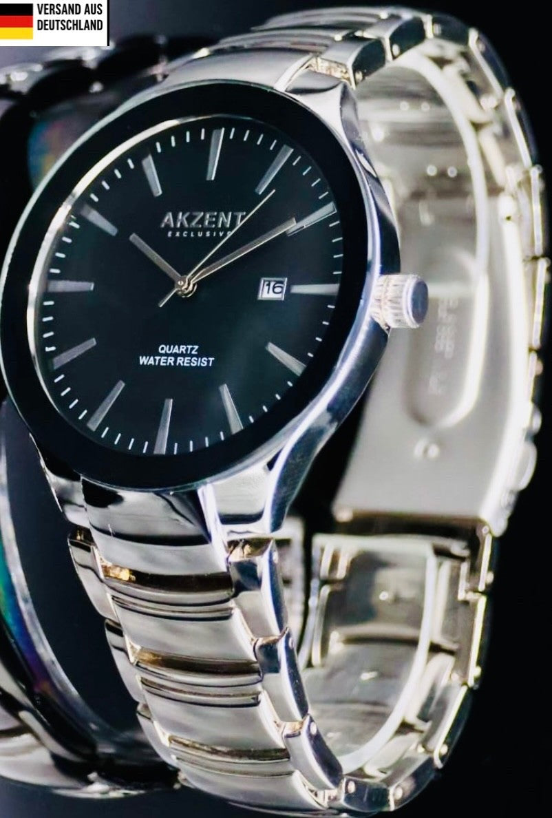 Akzent Herren Männer Armband Uhr Schwarz Silber Farben Datum Flaches Design NEU0