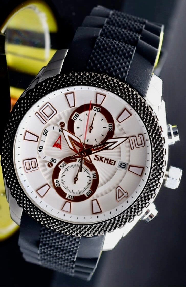 SKM CHRONOGRAPH HERREN UHR SILIKONBAND SCHWARZ DATUMSANZEIGE 48MM NEU0