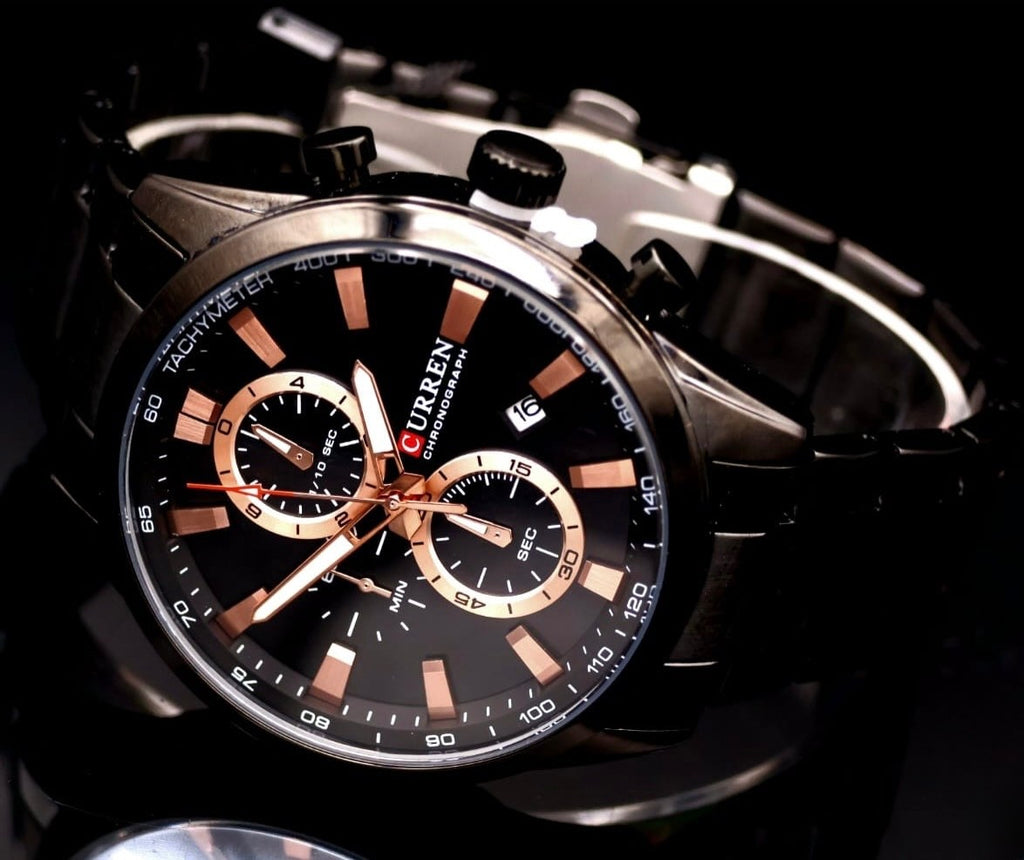 Herren Männer Armband Uhr Herrenuhr Chronograph mit Datumsanzeige Rosé Schwarz1