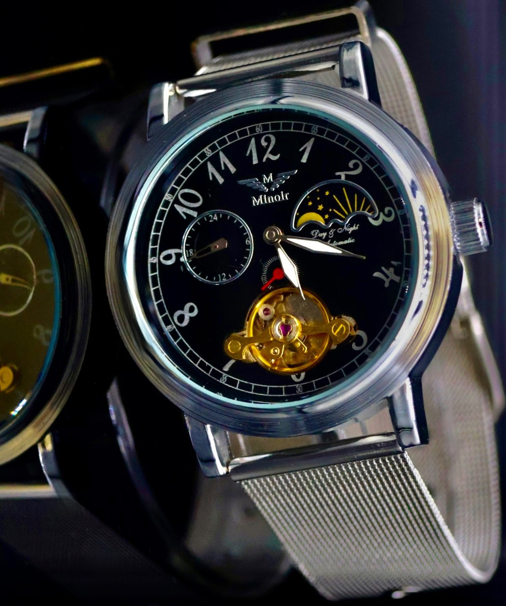 Minoir Herren Männer Uhr Automatikuhr Armbanduhr Minoir Herrenuhr Schwarz Silber0