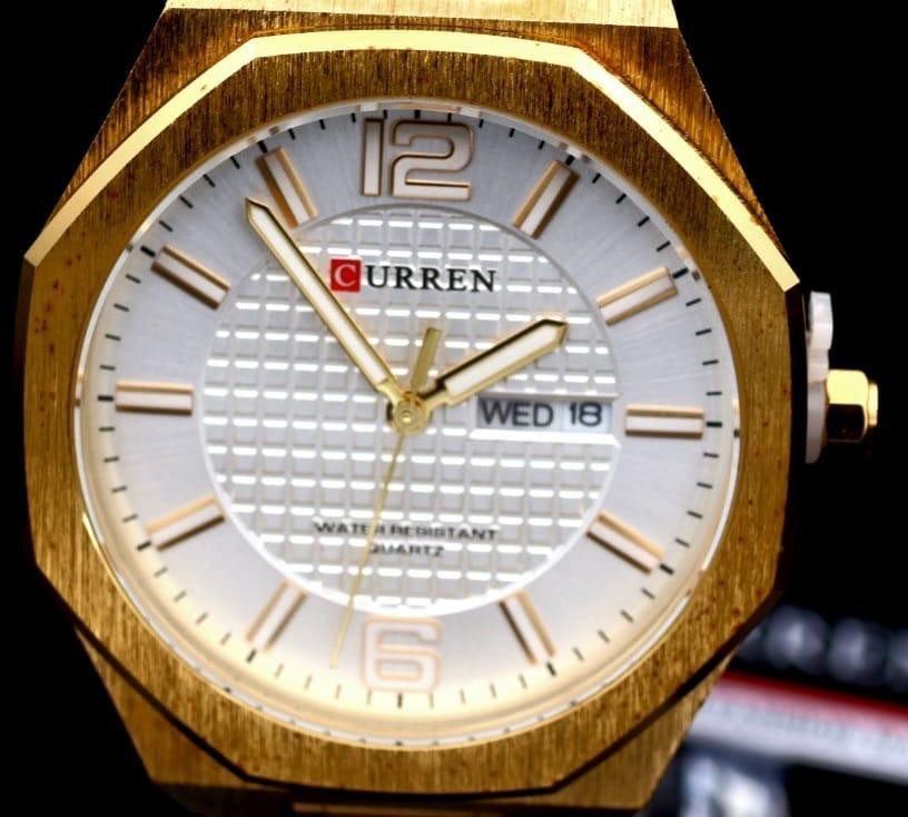 Mega Edle Herren Männer Uhr Armbanduhr Weiß GoldFarben mit Tag/Datumsanzeige NEU2