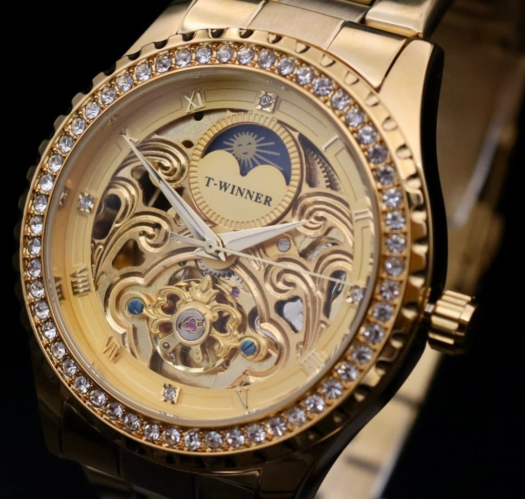 Mega Winner  Herren Automatik Armband Uhr Gold Farben mit Strass + offene Unruh2