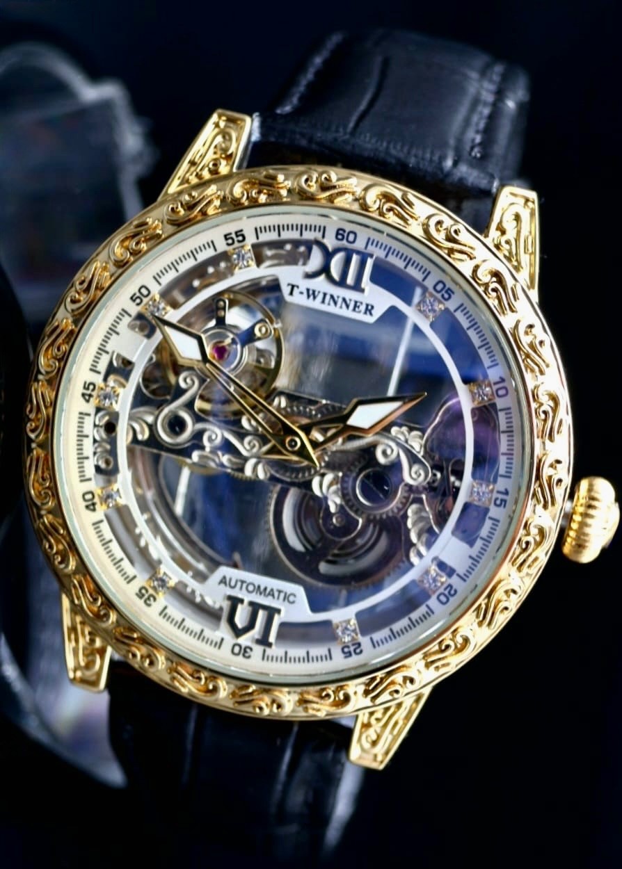 T-WINNER Herren Automatikuhr Gold Blau Farben Vintage Uhr Leder Luxus Design2