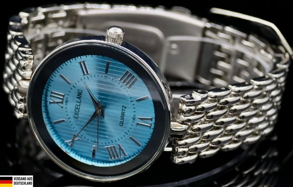Excellanc  Damen  Armband Uhr Blau Türkis Silber Farben Damenuhr Mineralglas0