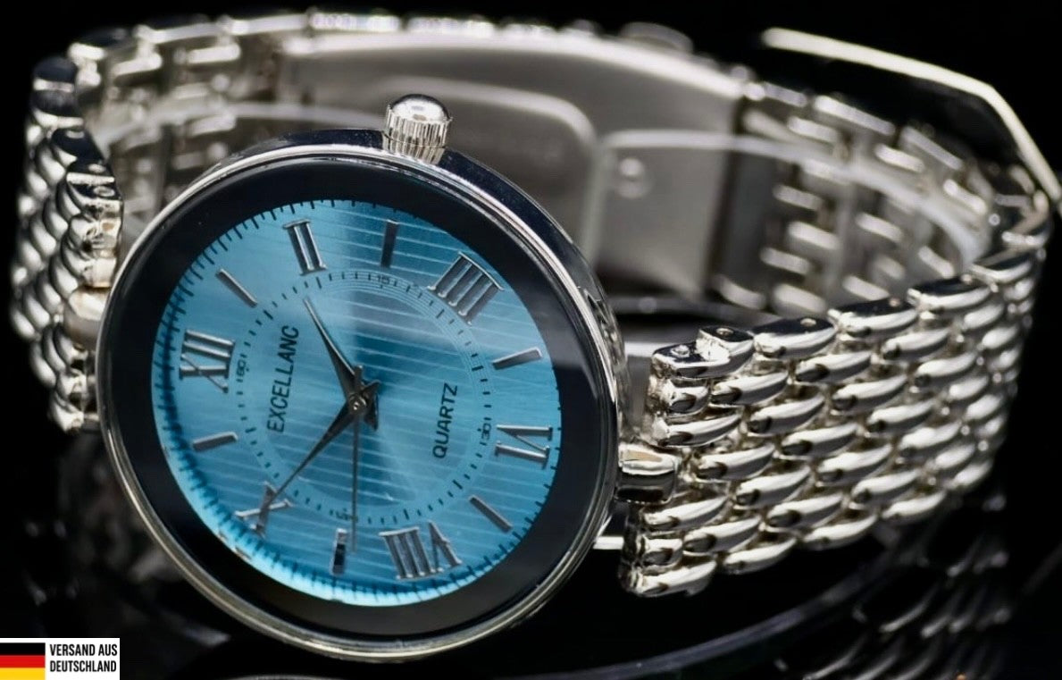 Excellanc  Damen  Armband Uhr Blau Türkis Silber Farben Damenuhr Mineralglas0